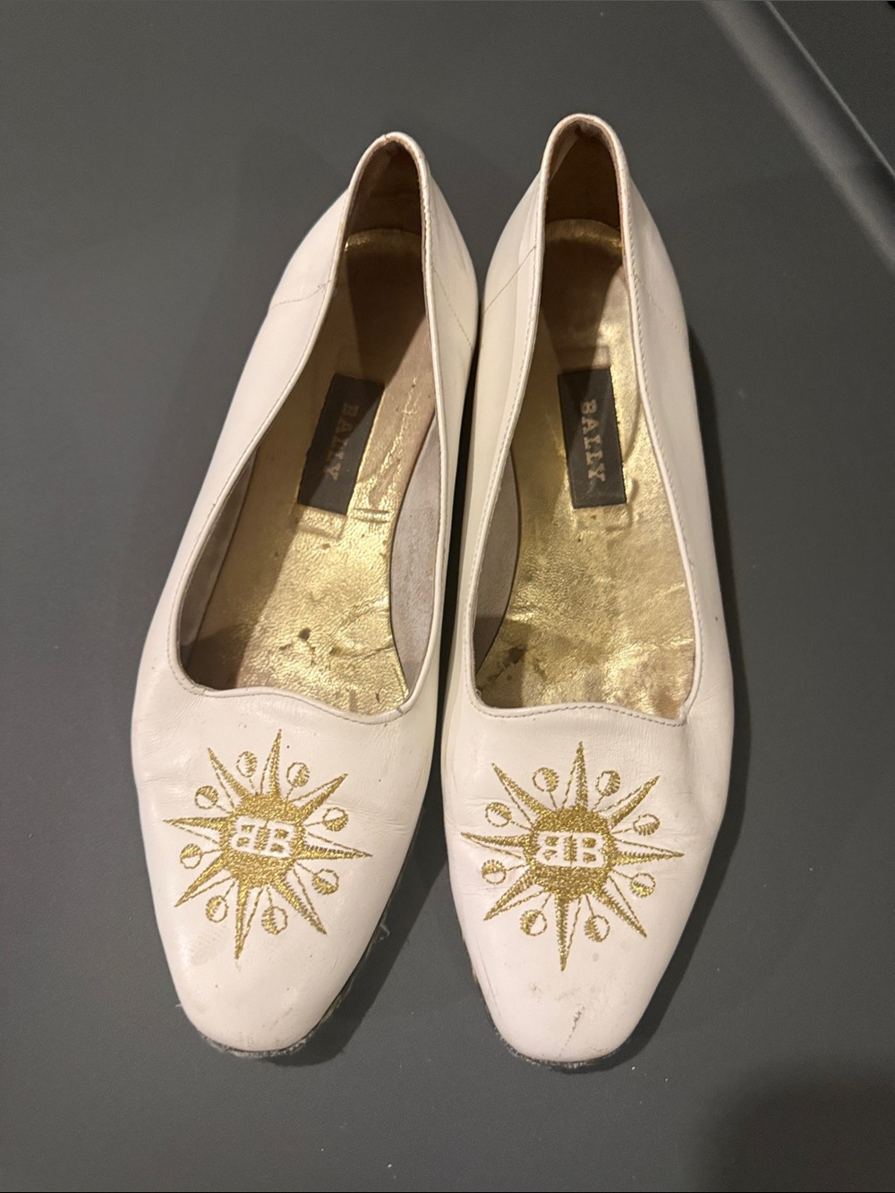 Bally White Leather Embroidered Gold-Accent Slip-On Flats
